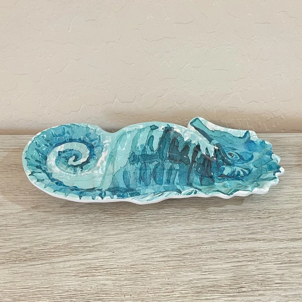 New Seahorse Melamine Serving Tray Turquoise Blue White Coastal Ocean Beach